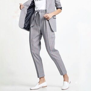 Equipment Plaid Check Tie Waist Marcelle Wool Grey and Blue Trouser Pants